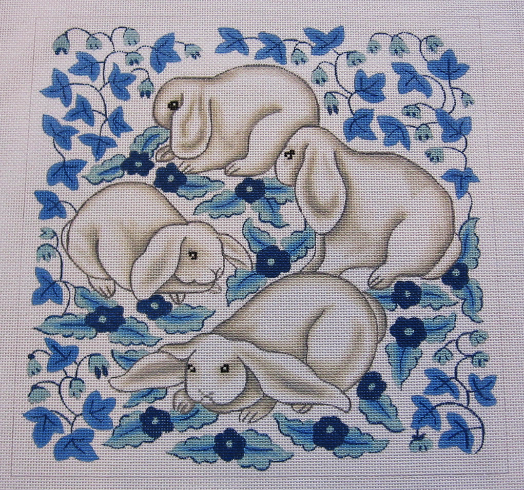 Needlepoint Blue and White Bunnies Canvas